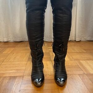 Over-the-Knee Leather Boots – Black with Metallic Cap Toe – Size 39